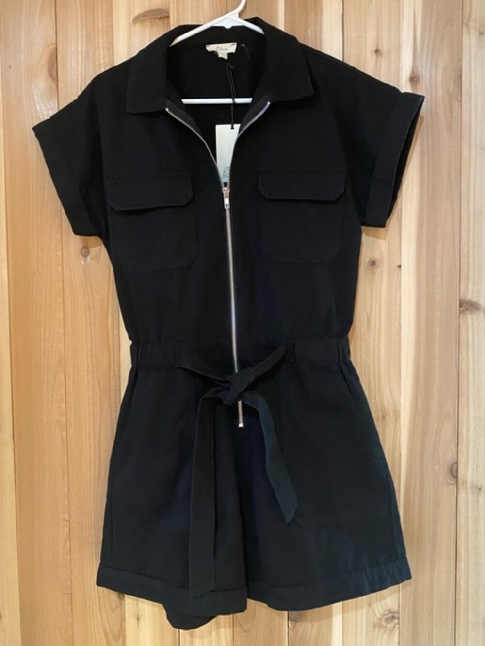 Elan Black Short-Sleeve Utility Romper Jacket with Zip and Tie Waist